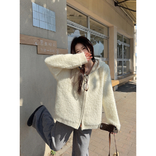 Photographed Korean-style loose and fluffy versatile hooded double zipper cardigan knit long-sleeved coat