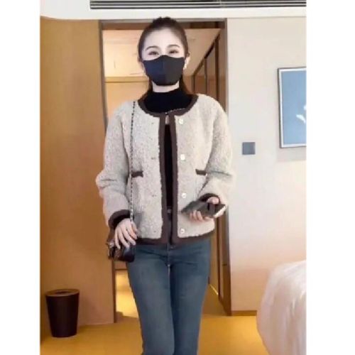 2025 New Chanel-style Color-blocked Fur-lined Lamb's Wool Outerwear Short Jacket for Petite Figures Thick Top