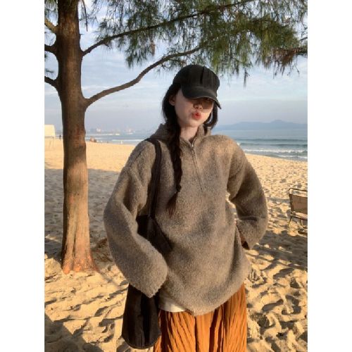 Photo-realistic Korean-style lazy autumn/winter half-zip hooded sweater loose and slimming knit top for layering