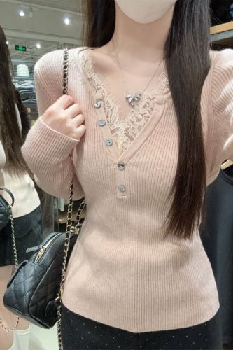 Real-shot autumn/winter Korean-style lace-matched half-high-neck elegant slim-fit andy velvet knitted sweater long-sleeved top