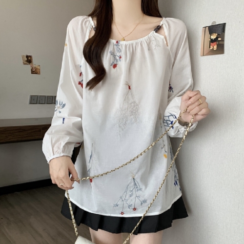 Hand-painted new plus-size women's loose lazy style, relaxed sense of craftsmanship embroidery high-end ramie shirt top