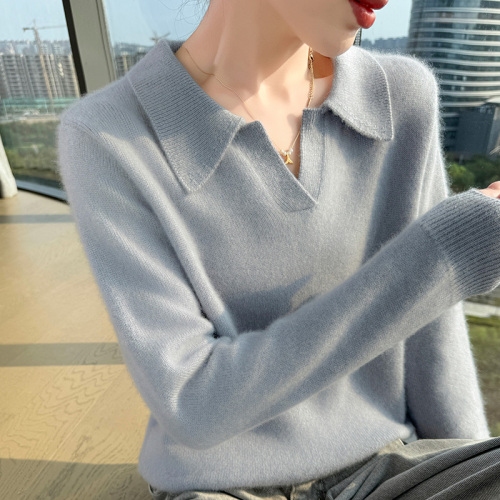 Polo Collar Cashmere Sweater for Women - Autumn/Winter New Arrival White Slim Fit Slimming Matchable Knit Top Pure Color Sweatshirt