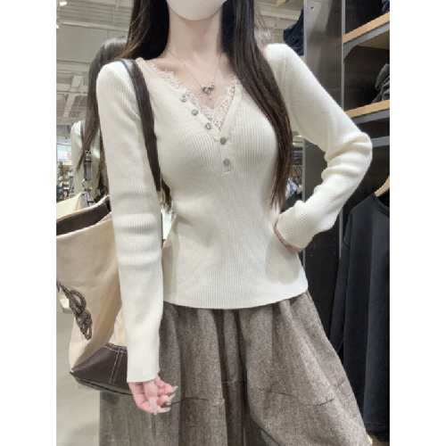 Real-shot autumn/winter Korean-style lace-matched half-high-neck elegant slim-fit andy velvet knitted sweater long-sleeved top