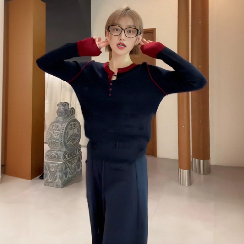 Andi Cotton Color-Block Long-Sleeve Knit Top for Women - Autumn New Slimming Frock Coat, Innerwear Sweater, Base Shirt, Top