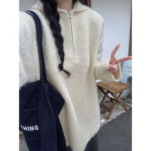 Photo-realistic Korean-style lazy autumn/winter half-zip hooded sweater loose and slimming knit top for layering