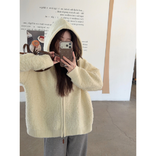 Photographed Korean-style loose and fluffy versatile hooded double zipper cardigan knit long-sleeved coat