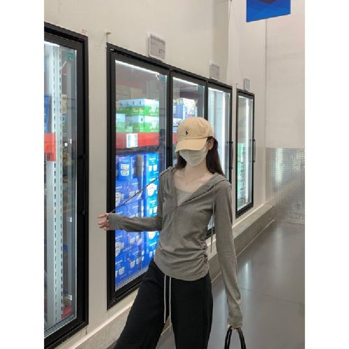 Photographed Korean style winter and autumn temperament slim fit hooded two-piece drawstring half-zip design long-sleeved T-shirt top