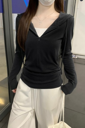 Photographed Korean style winter and autumn temperament slim fit hooded two-piece drawstring half-zip design long-sleeved T-shirt top