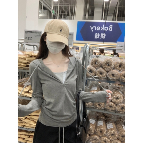 Photographed Korean style winter and autumn temperament slim fit hooded two-piece drawstring half-zip design long-sleeved T-shirt top