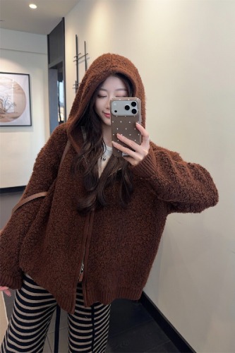 Photographed Korean-style loose and fluffy versatile hooded double zipper cardigan knit long-sleeved coat