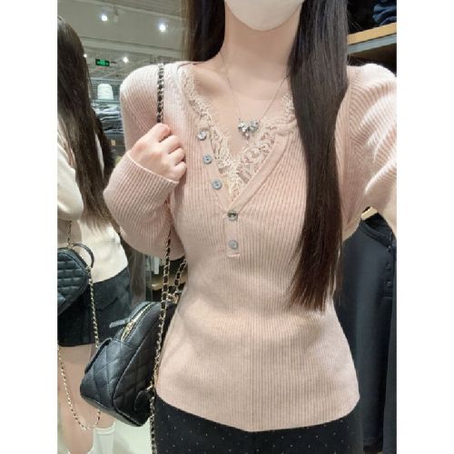 Real-shot autumn/winter Korean-style lace-matched half-high-neck elegant slim-fit andy velvet knitted sweater long-sleeved top