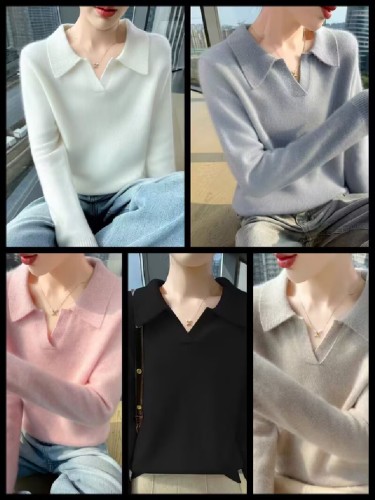 Polo Collar Cashmere Sweater for Women - Autumn/Winter New Arrival White Slim Fit Slimming Matchable Knit Top Pure Color Sweatshirt
