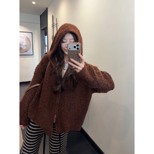 Photographed Korean-style loose and fluffy versatile hooded double zipper cardigan knit long-sleeved coat