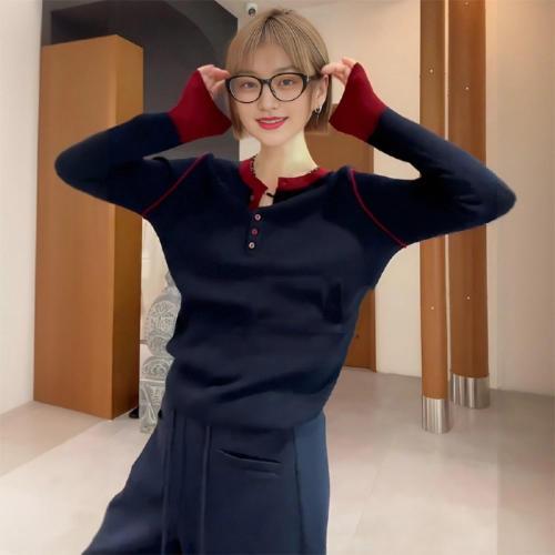 Andi Cotton Color-Block Long-Sleeve Knit Top for Women - Autumn New Slimming Frock Coat, Innerwear Sweater, Base Shirt, Top