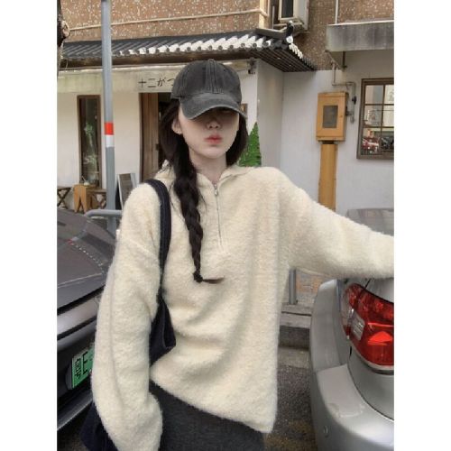 Photo-realistic Korean-style lazy autumn/winter half-zip hooded sweater loose and slimming knit top for layering