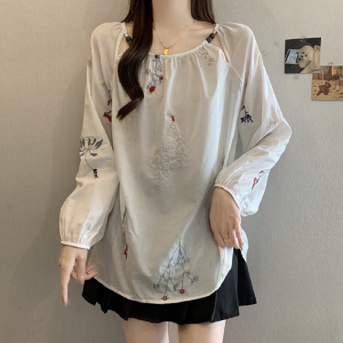 Hand-painted new plus-size women's loose lazy style, relaxed sense of craftsmanship embroidery high-end ramie shirt top