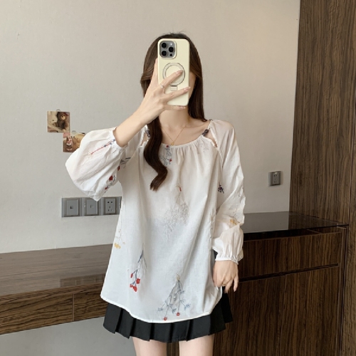 Hand-painted new plus-size women's loose lazy style, relaxed sense of craftsmanship embroidery high-end ramie shirt top