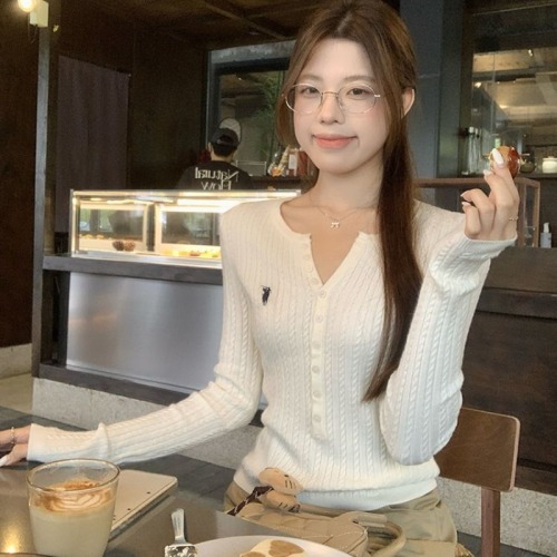 White Half-Open Collar Embroidered Knit Top for Women - 2025 Autumn/Winter New Design Slimming Stylish Versatile Top NIS