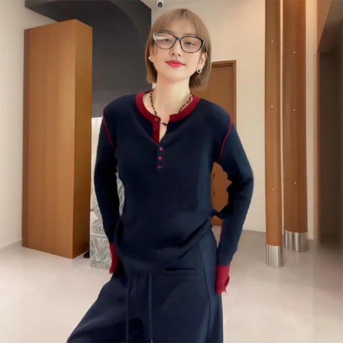 Andi Cotton Color-Block Long-Sleeve Knit Top for Women - Autumn New Slimming Frock Coat, Innerwear Sweater, Base Shirt, Top