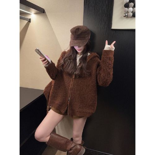 Photographed Korean-style loose and fluffy versatile hooded double zipper cardigan knit long-sleeved coat