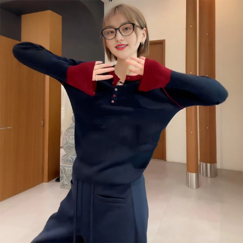 Andi Cotton Color-Block Long-Sleeve Knit Top for Women - Autumn New Slimming Frock Coat, Innerwear Sweater, Base Shirt, Top