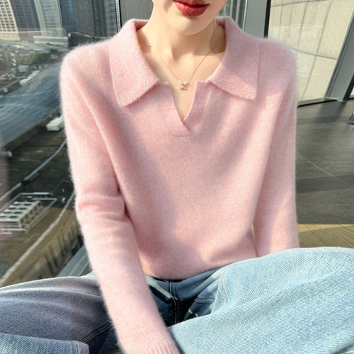 Polo Collar Cashmere Sweater for Women - Autumn/Winter New Arrival White Slim Fit Slimming Matchable Knit Top Pure Color Sweatshirt