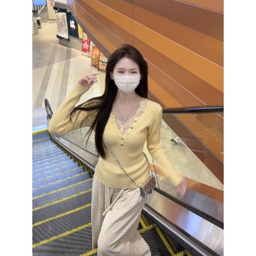 Real-shot autumn/winter Korean-style lace-matched half-high-neck elegant slim-fit andy velvet knitted sweater long-sleeved top