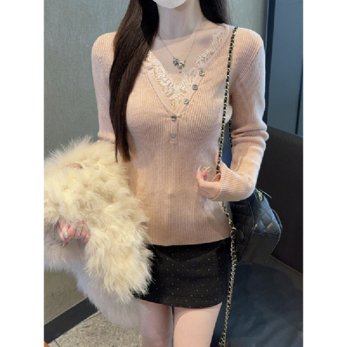 Real-shot autumn/winter Korean-style lace-matched half-high-neck elegant slim-fit andy velvet knitted sweater long-sleeved top