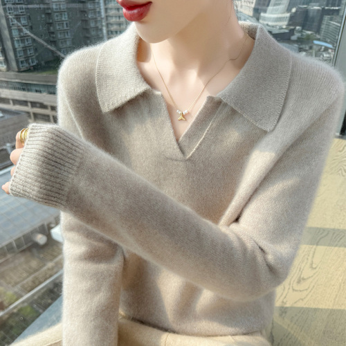Polo Collar Cashmere Sweater for Women - Autumn/Winter New Arrival White Slim Fit Slimming Matchable Knit Top Pure Color Sweatshirt