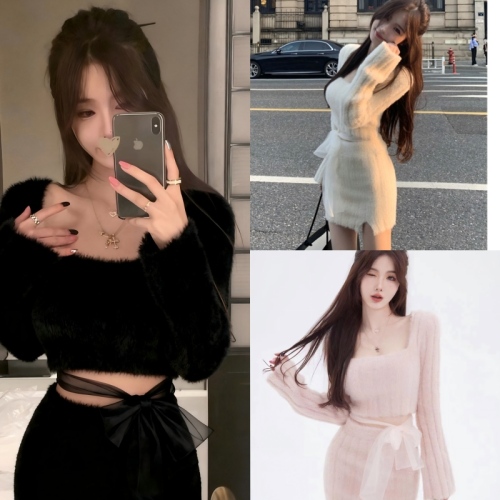JMSHOP Nfu Sister Imitation Mink Wool Knitted Sweater Stunning Little Dress Two-Piece Bustier Skirt Pure Desire Set