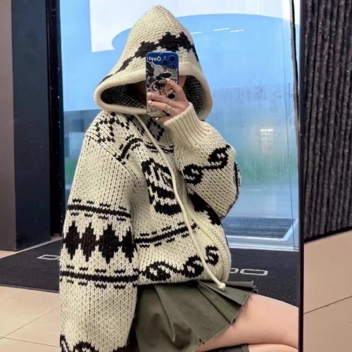 Korean Dongdaemun Autumn/Winter New Retro Double Color Yarn Contrast Hooded Sweater with Floral Rose, Loose and Slouchy Style