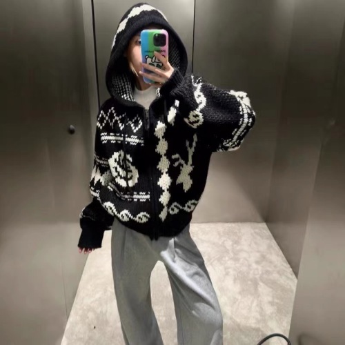 Korean Dongdaemun Autumn/Winter New Retro Double Color Yarn Contrast Hooded Sweater with Floral Rose, Loose and Slouchy Style