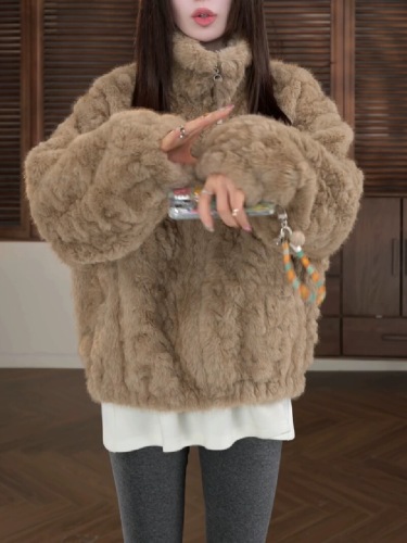 Original version thickened lined quilted with inner lining, light luxury feel eco-friendly faux fur plush warm women's loose outerwear