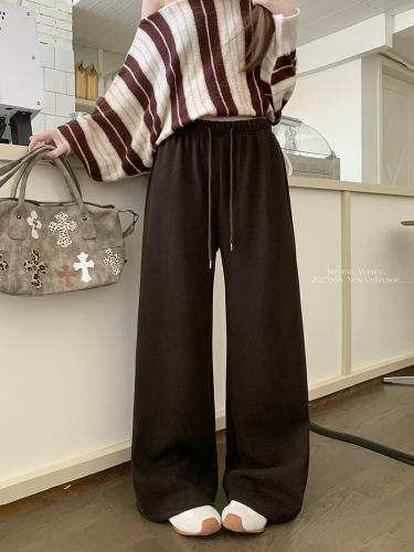 Photographed Lazy Style Grey Fleece Casual Pants for Women Autumn and Winter High-Waist Straight Leg Pants Wide Leg Pants Long Pants with Drape Floor-Length Pants