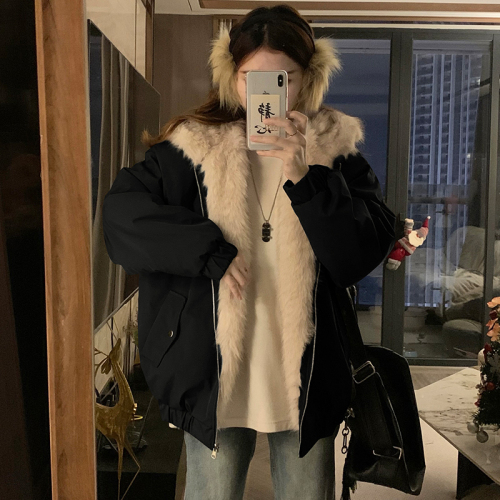 Photographed Zhaoshandiao Hooded Wool-Blend Cotton Coat for Women, Dual-Side Wear, 2025 Winter, Small Figure, Fur-Like Warm Cotton Jacket