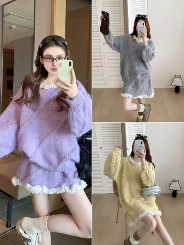 Women's Purple Border Sweater Set 2025 New Autumn/Winter High-End Korean Style Lazy Knit Semi-Body Skirt Two-Piece Set