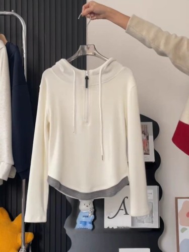 Hooded Half-Zip Fake Two-Piece Sweatshirt for Women, Autumn/Winter, Plus Size, for Chubby Girls, Loose-Fitting, Slimming Inner Layer Base Shirt, Long-Sleeved Top