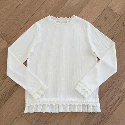 Official Image: 29% Cotton, 63% Polyester, 8% Spandex Pit-Striped, Straight Shoulder, Lace Edge Hem, Long Sleeve Underwear Top