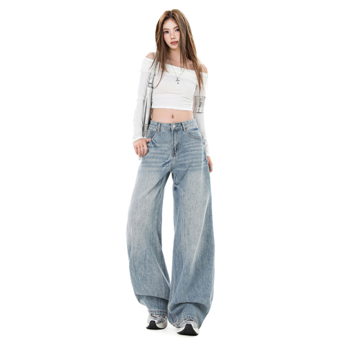 Photographed~ 2025 American Retro Versatile Streetwear New Heavy Work Wash Bended Knife Wide Leg Pants Floor-Length Denim Jeans Women