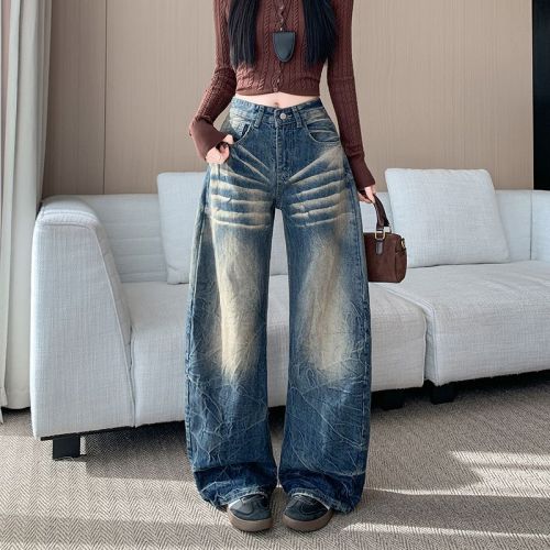 Vintage American High Street Distressed Bended Knife Women's Fall New Loose Casual Wide Leg Pants