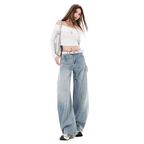 Photographed~ 2025 American Retro Versatile Streetwear New Heavy Work Wash Bended Knife Wide Leg Pants Floor-Length Denim Jeans Women