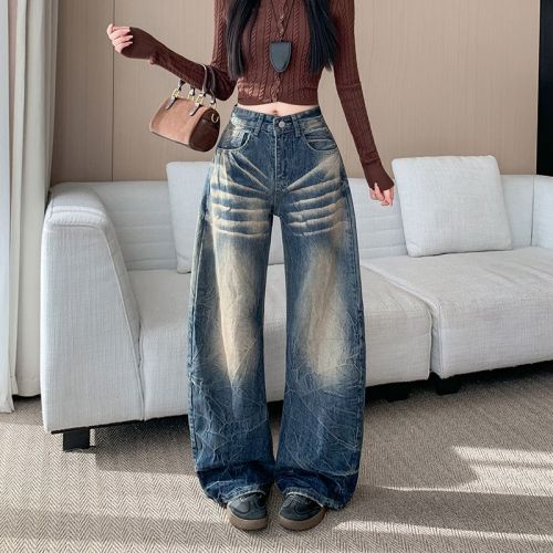 Vintage American High Street Distressed Bended Knife Women's Fall New Loose Casual Wide Leg Pants