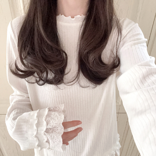 Official Image: 29% Cotton, 63% Polyester, 8% Spandex Pit-Striped, Straight Shoulder, Lace Edge Hem, Long Sleeve Underwear Top