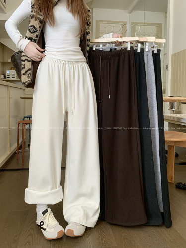 Photographed Lazy Style Grey Fleece Casual Pants for Women Autumn and Winter High-Waist Straight Leg Pants Wide Leg Pants Long Pants with Drape Floor-Length Pants