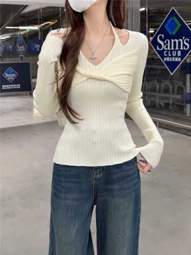 Shot Knit Long Sleeve V-Neck Off-the-Shoulder Women's Autumn/Winter Fitted Bodysuit