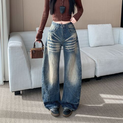 Vintage American High Street Distressed Bended Knife Women's Fall New Loose Casual Wide Leg Pants
