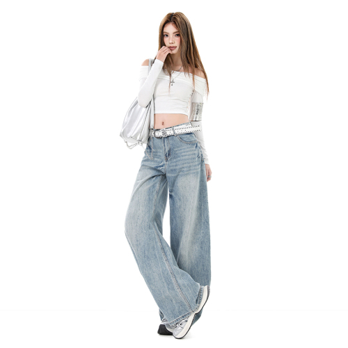Photographed~ 2025 American Retro Versatile Streetwear New Heavy Work Wash Bended Knife Wide Leg Pants Floor-Length Denim Jeans Women