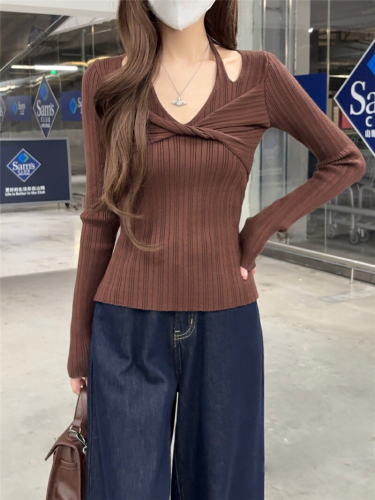 Shot Knit Long Sleeve V-Neck Off-the-Shoulder Women's Autumn/Winter Fitted Bodysuit