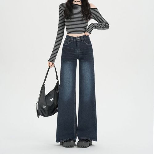 Real-shot vintage cat-eye pattern wide-leg denim pants for women—autumn new style, slimming, edgy, loose-fit straight-leg pants.