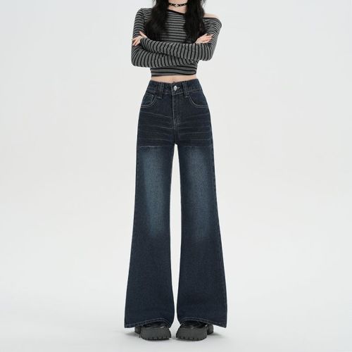 Real-shot vintage cat-eye pattern wide-leg denim pants for women—autumn new style, slimming, edgy, loose-fit straight-leg pants.
